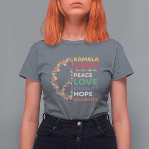 Harris Supporter T Shirt For Women Peace Love Equality Hope Diversity Retro Flower Peace Sign TS11 Charcoal Print Your Wear