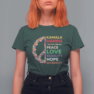 Harris Supporter T Shirt For Women Peace Love Equality Hope Diversity Retro Flower Peace Sign TS11 Dark Forest Green Print Your Wear