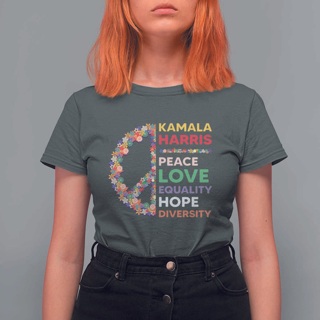 Harris Supporter T Shirt For Women Peace Love Equality Hope Diversity Retro Flower Peace Sign TS11 Dark Heather Print Your Wear
