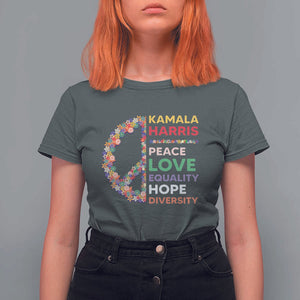 Harris Supporter T Shirt For Women Peace Love Equality Hope Diversity Retro Flower Peace Sign TS11 Dark Heather Print Your Wear