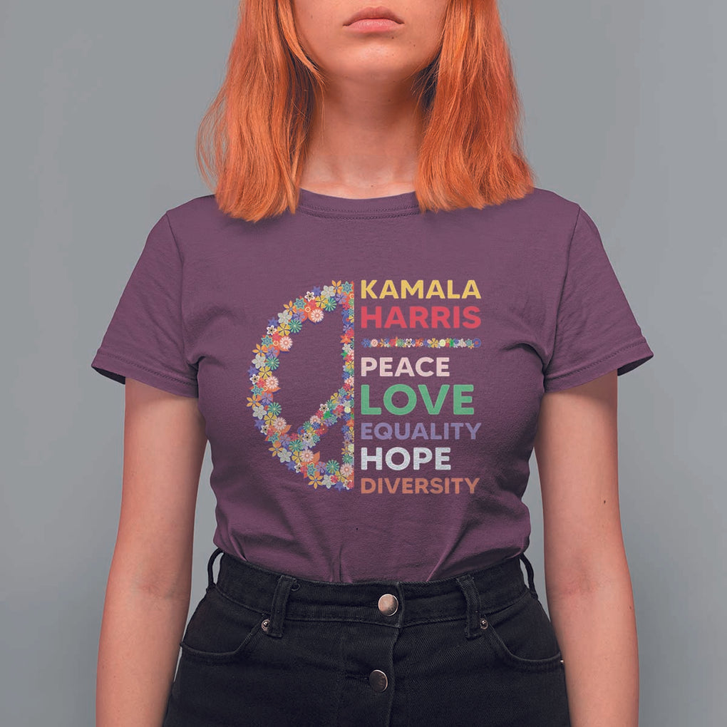 Harris Supporter T Shirt For Women Peace Love Equality Hope Diversity Retro Flower Peace Sign TS11 Maroon Print Your Wear