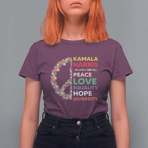 Harris Supporter T Shirt For Women Peace Love Equality Hope Diversity Retro Flower Peace Sign TS11 Maroon Print Your Wear