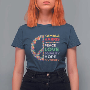 Harris Supporter T Shirt For Women Peace Love Equality Hope Diversity Retro Flower Peace Sign TS11 Navy Print Your Wear