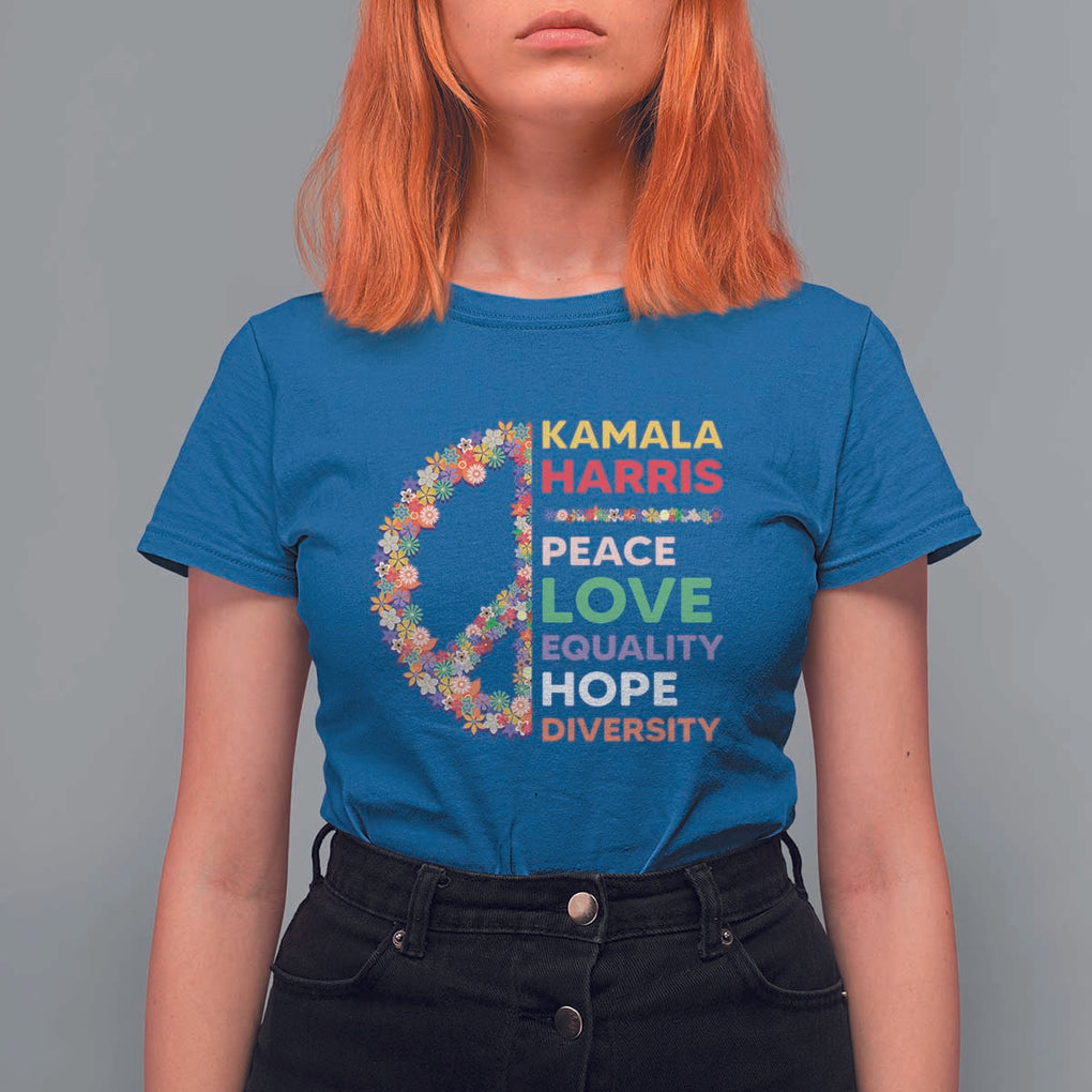 Harris Supporter T Shirt For Women Peace Love Equality Hope Diversity Retro Flower Peace Sign TS11 Royal Blue Print Your Wear