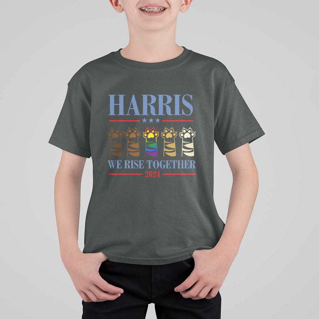 Harris We Rise Together 2024 T Shirt For Kid Voting for Kamala Cat Fist Paw LGBT President Election TS11 Dark Heather Print Your Wear