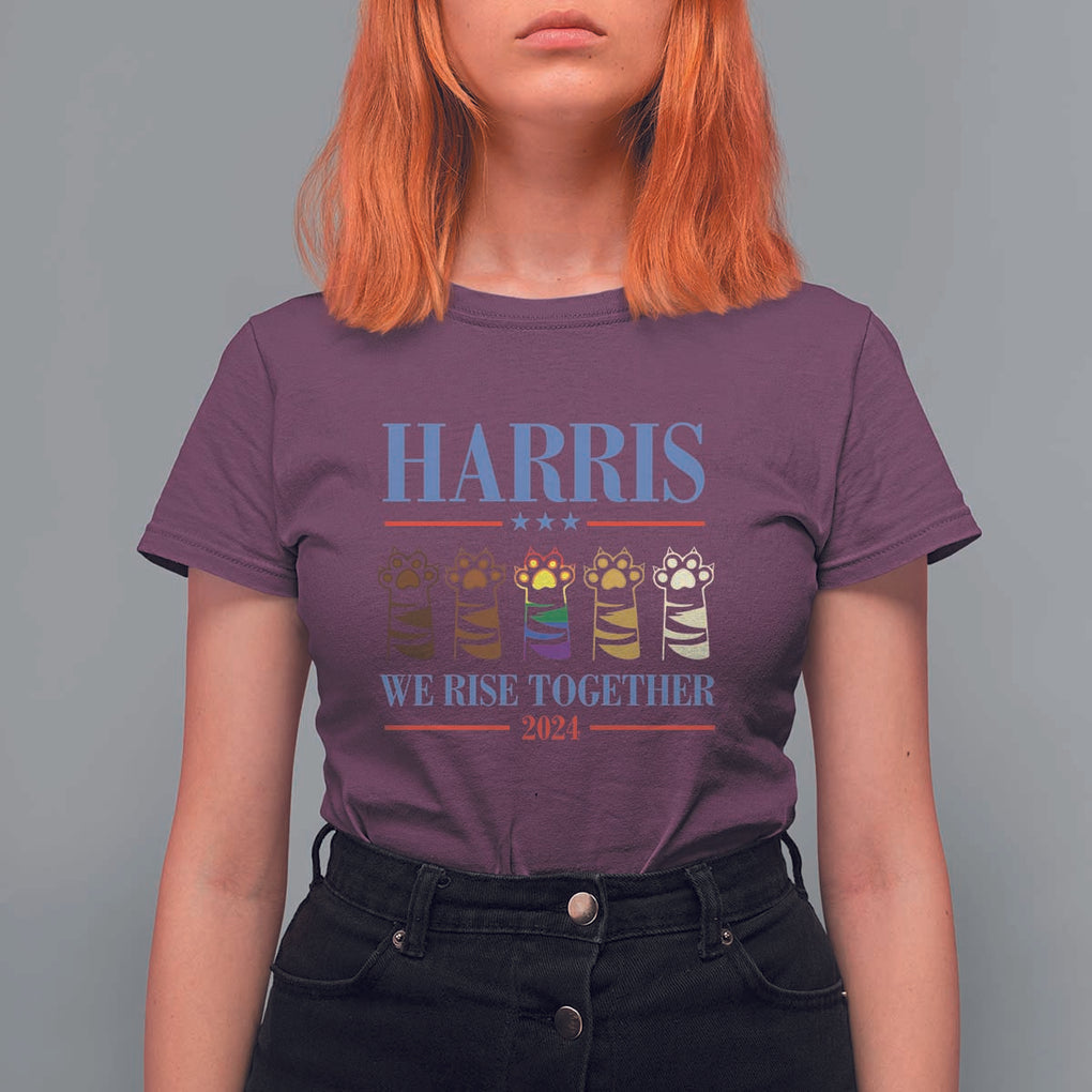 Harris We Rise Together 2024 T Shirt For Women Voting for Kamala Cat Fist Paw LGBT President Election TS11 Maroon Print Your Wear
