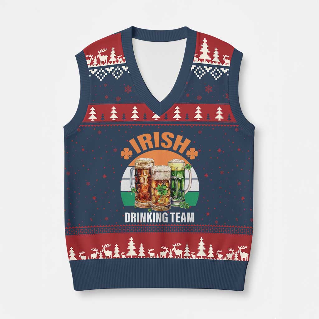 Funny Irish Drinking Team V-Neck Knit Sweater Vest St Patricks Day Vintage Beer Ireland Flag Clover TS11 Navy Red Print Your Wear