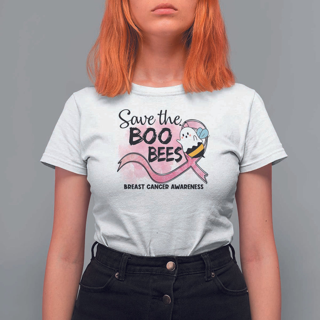 Funny Breast Cancer Halloween T Shirt For Women Save The Boobees Ghost Bee Pink Ribbon TS11 White Print Your Wear