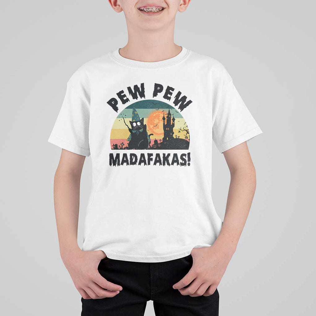 Funny Black Cat Halloween T Shirt For Kid Pew Madafakas Witch Retro Vintage Bat TS11 White Print Your Wear