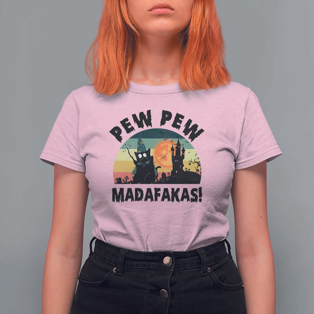 Funny Black Cat Halloween T Shirt For Women Pew Madafakas Witch Retro Vintage Bat TS11 Light Pink Print Your Wear