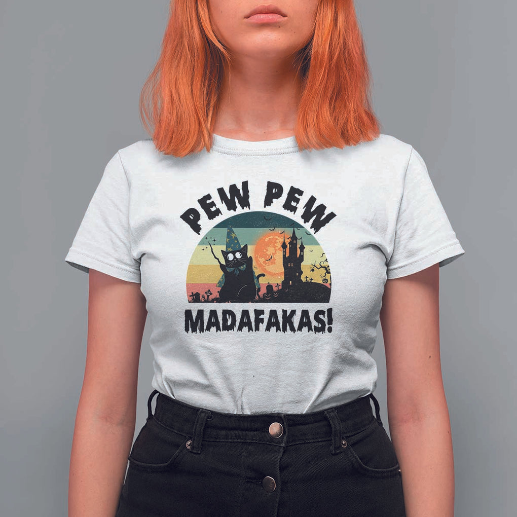 Funny Black Cat Halloween T Shirt For Women Pew Madafakas Witch Retro Vintage Bat TS11 White Print Your Wear