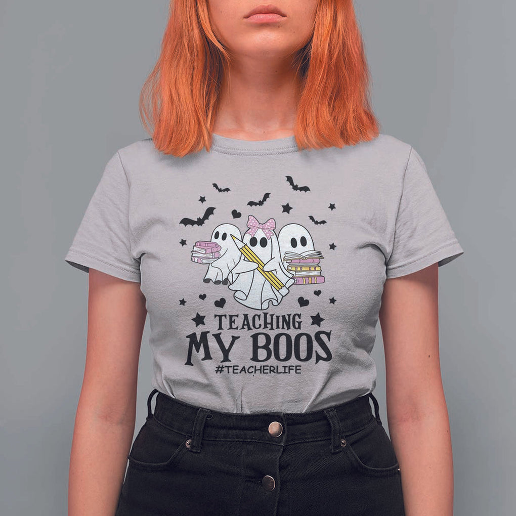 Funny Teacher Halloween T Shirt For Women Teaching My Boos Teacherlife Ghost Pencil Book TS11 Ice Gray Print Your Wear