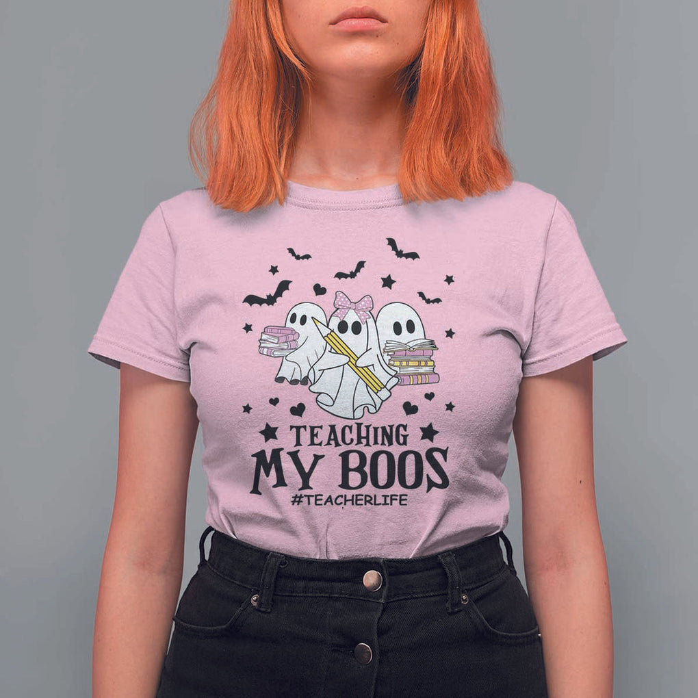 Funny Teacher Halloween T Shirt For Women Teaching My Boos Teacherlife Ghost Pencil Book TS11 Light Pink Print Your Wear