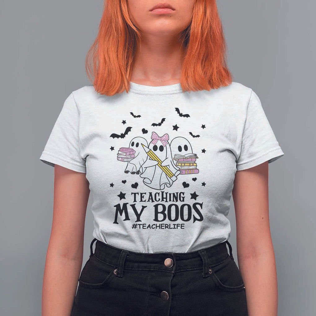 Funny Teacher Halloween T Shirt For Women Teaching My Boos Teacherlife Ghost Pencil Book TS11 White Print Your Wear