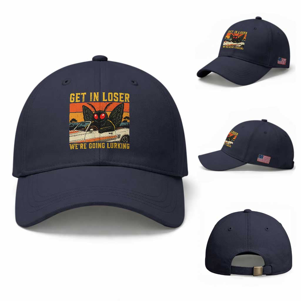 Get In Loser We Are Going Lurking Funny Mothman Baseball Cap Cryptozoology Cryptid Lover