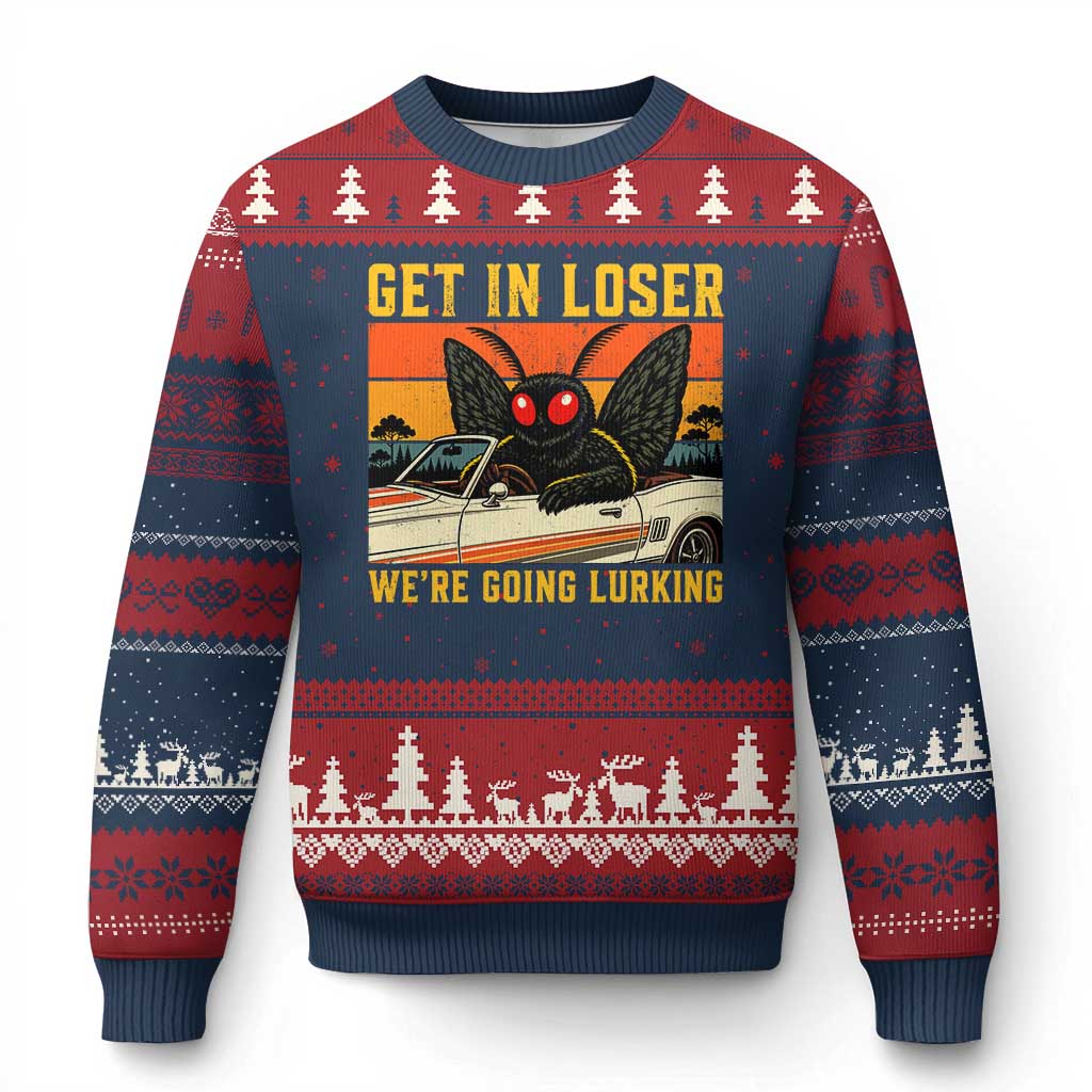 Get In Loser We Are Going Lurking Funny Mothman Ugly Christmas Sweater Cryptozoology Cryptid Lover TS11 Navy Red Print Your Wear