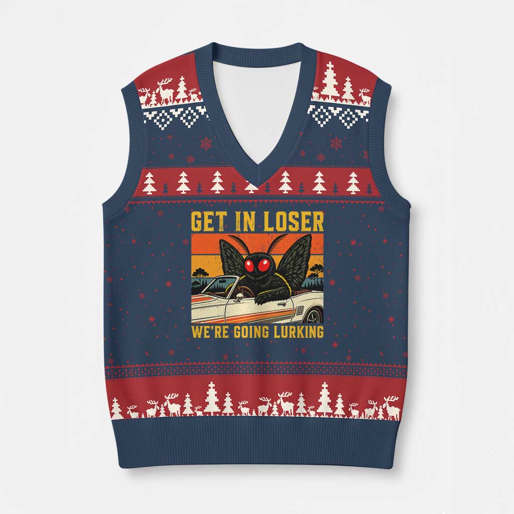 Get In Loser We Are Going Lurking Funny Mothman V-Neck Knit Sweater Vest Cryptozoology Cryptid Lover