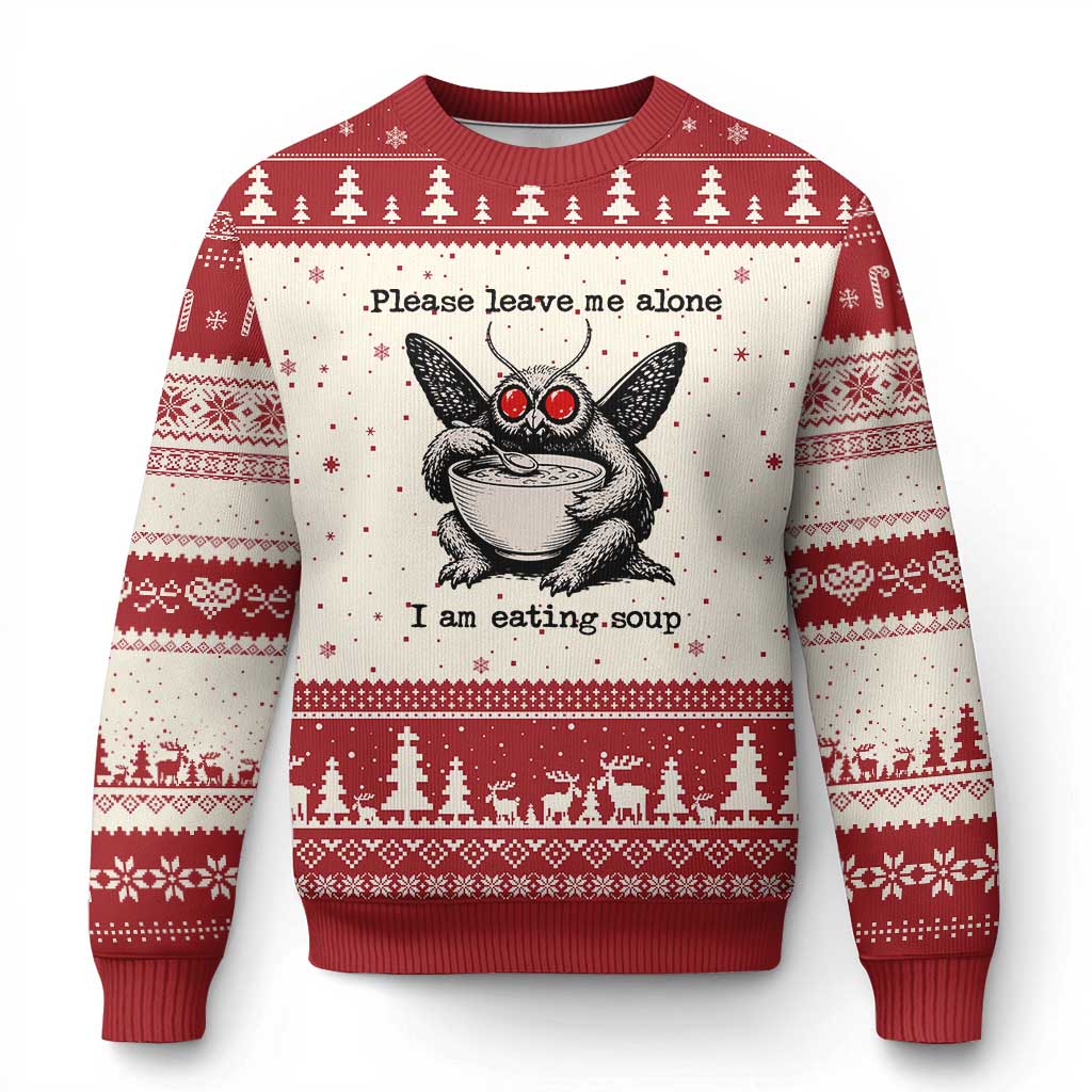Please Leave Me Alone I Am Eating Soup Funny Mothman Ugly Christmas Sweater TS11 Beige Red Print Your Wear