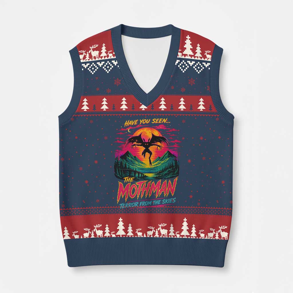 Funny Mothman V-Neck Knit Sweater Vest Have You Seen The Mothman Terror From The Skies Cryptid Legends TS11 Navy Red Print Your Wear
