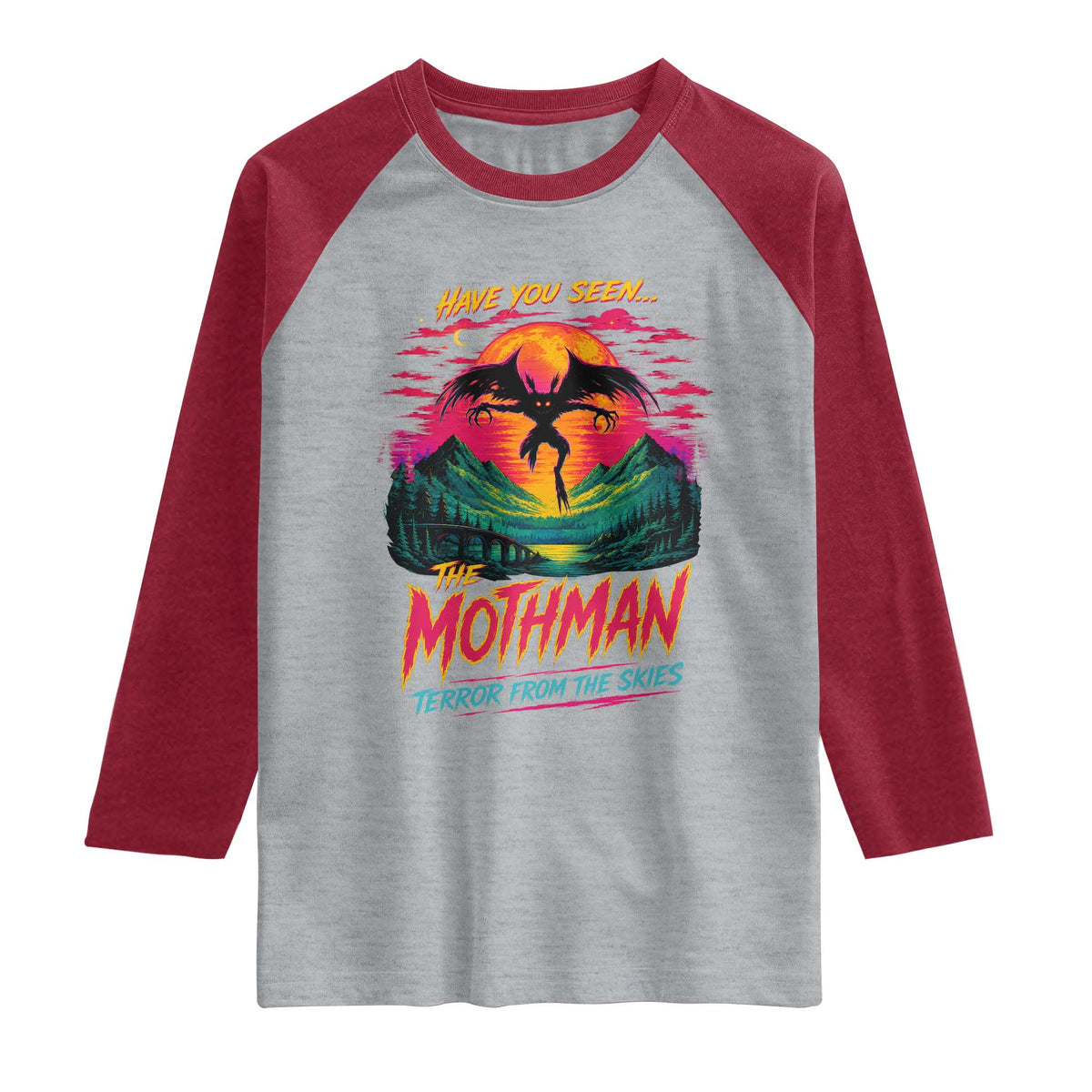 Funny Mothman Raglan Shirt Have You Seen The Mothman Terror From The Skies Cryptid Legends TS11 Heather Gray Heather Red Print Your Wear