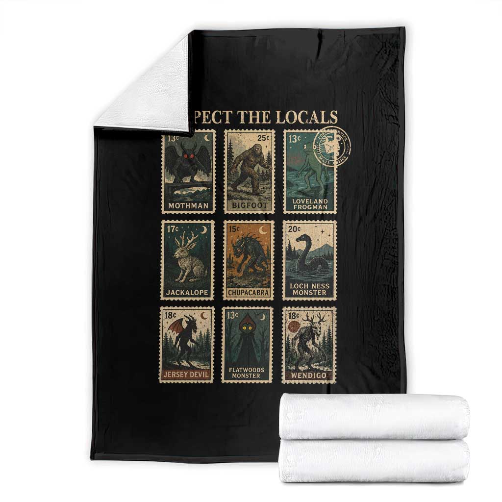 Respect The Locals Cryptids Monster Stamps Throw Blanket Cryptozoology Paranormal Bigfoot Mothman TS11 Black Print Your Wear