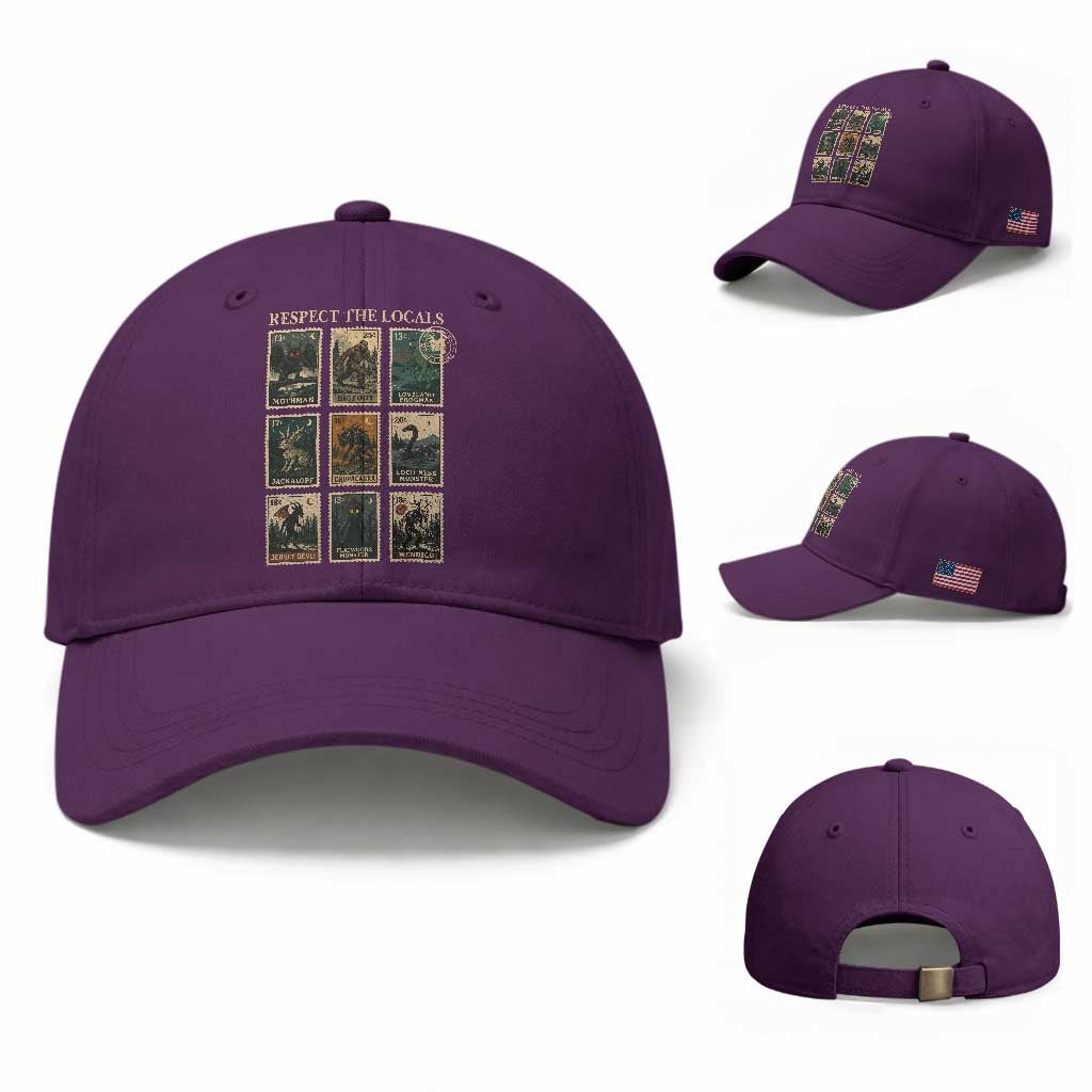 Respect The Locals Cryptids Monster Stamps Baseball Cap Cryptozoology Paranormal Bigfoot Mothman