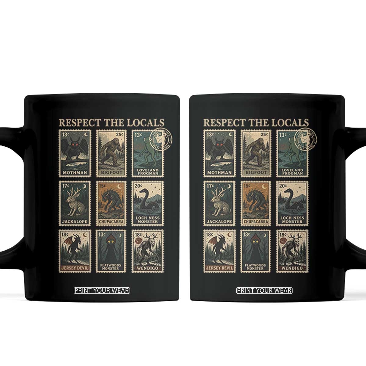 Respect The Locals Cryptids Monster Stamps Coffee Mug Cryptozoology Paranormal Bigfoot Mothman