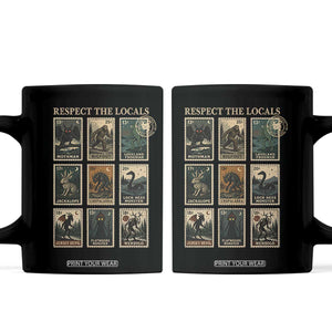 Respect The Locals Cryptids Monster Stamps Coffee Mug Cryptozoology Paranormal Bigfoot Mothman