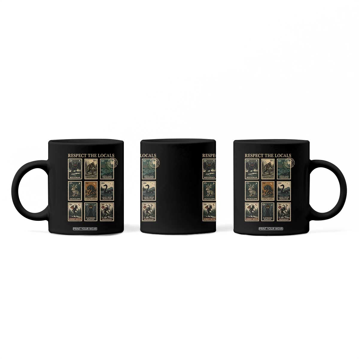 Respect The Locals Cryptids Monster Stamps Coffee Mug Cryptozoology Paranormal Bigfoot Mothman