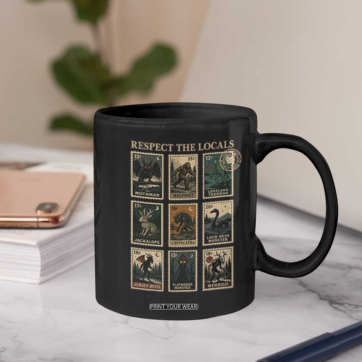 Respect The Locals Cryptids Monster Stamps Coffee Mug Cryptozoology Paranormal Bigfoot Mothman