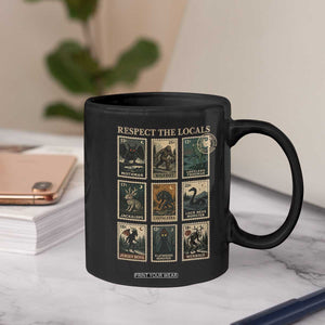 Respect The Locals Cryptids Monster Stamps Coffee Mug Cryptozoology Paranormal Bigfoot Mothman