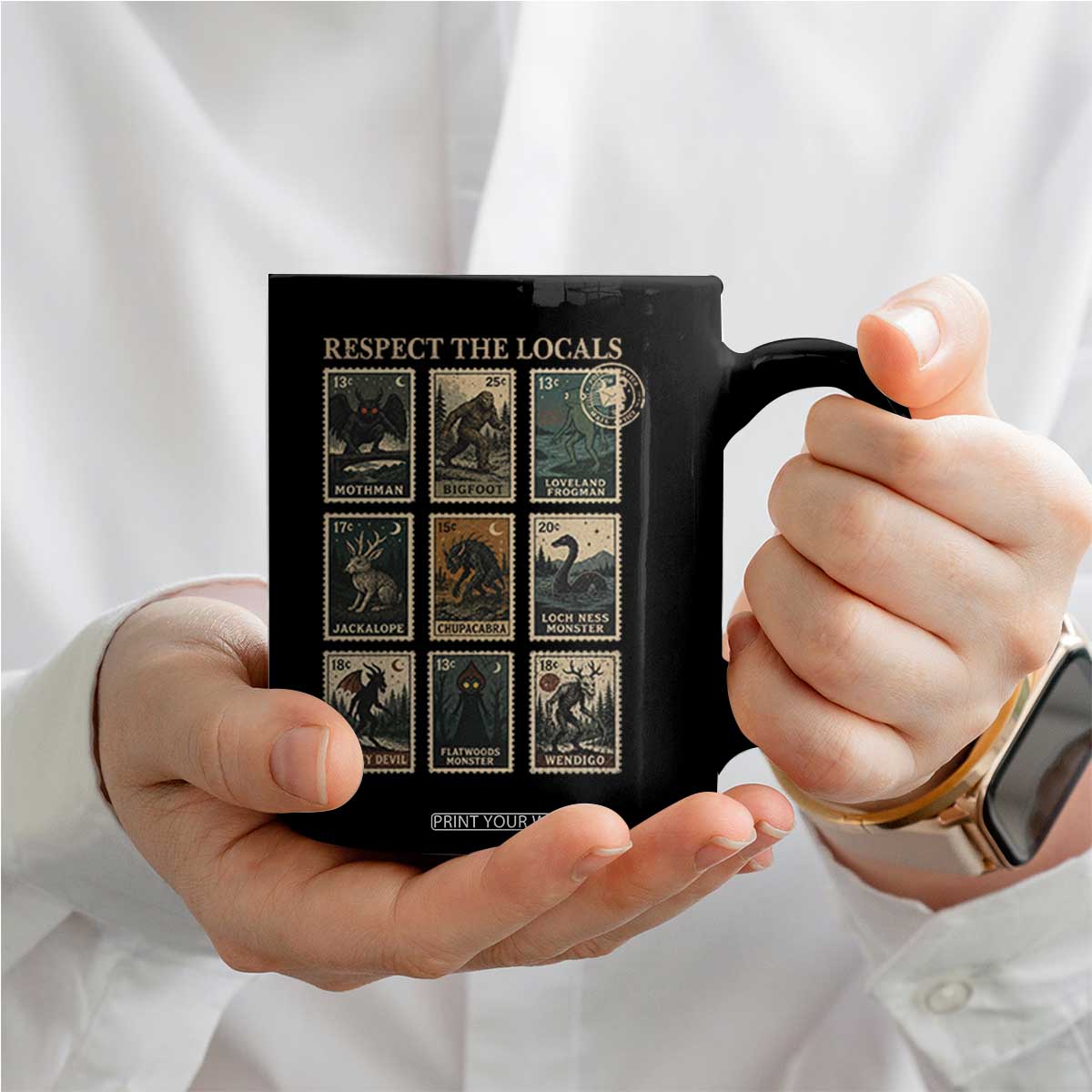 Respect The Locals Cryptids Monster Stamps Coffee Mug Cryptozoology Paranormal Bigfoot Mothman