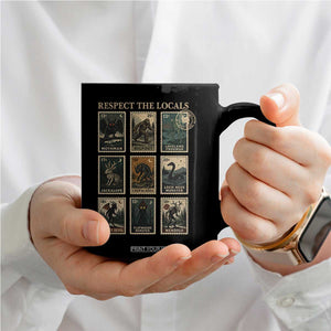Respect The Locals Cryptids Monster Stamps Coffee Mug Cryptozoology Paranormal Bigfoot Mothman