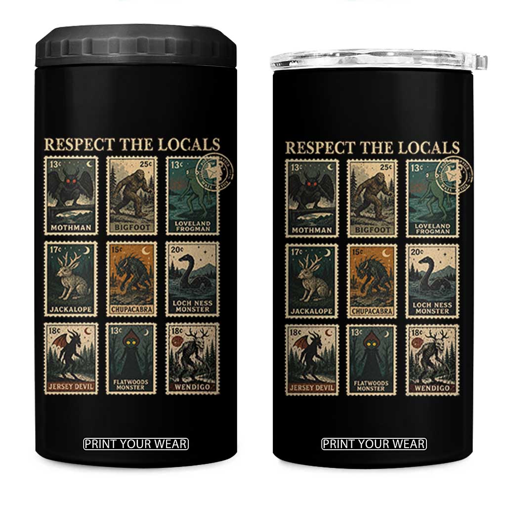 Respect The Locals Cryptids Monster Stamps 4 in 1 Can Cooler Tumbler Cryptozoology Paranormal Bigfoot Mothman TS11 One Size: 16 oz Black Print Your Wear