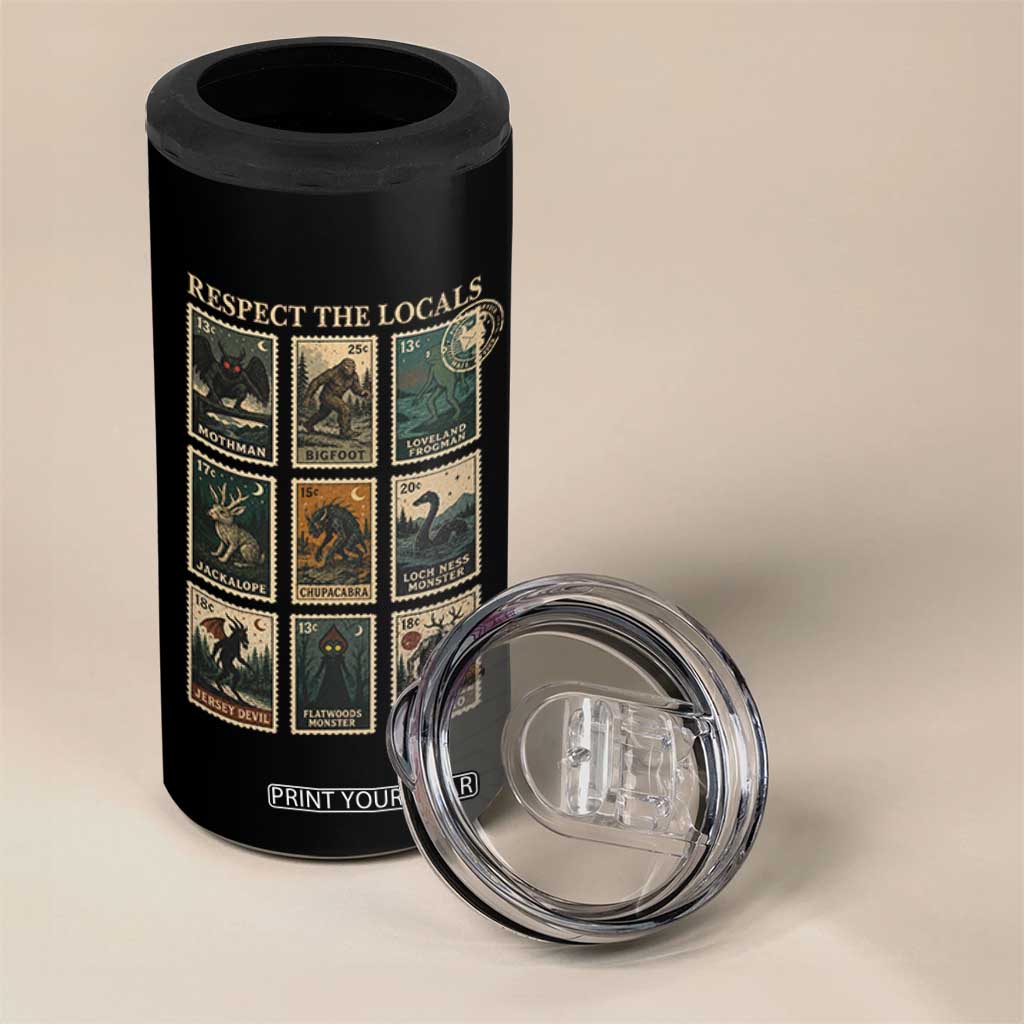 Respect The Locals Cryptids Monster Stamps 4 in 1 Can Cooler Tumbler Cryptozoology Paranormal Bigfoot Mothman