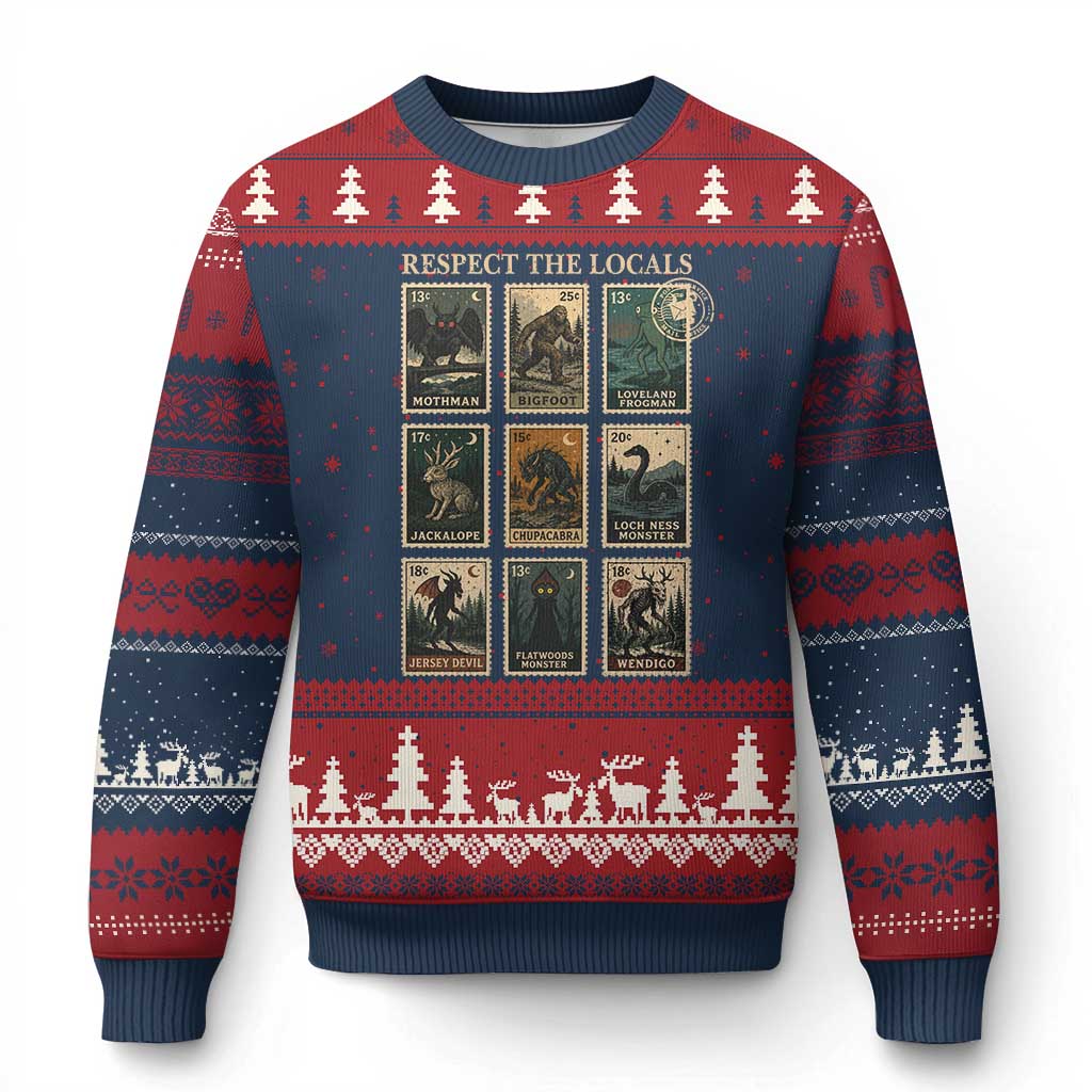 Respect The Locals Cryptids Monster Stamps Ugly Christmas Sweater Cryptozoology Paranormal Bigfoot Mothman TS11 Navy Red Print Your Wear