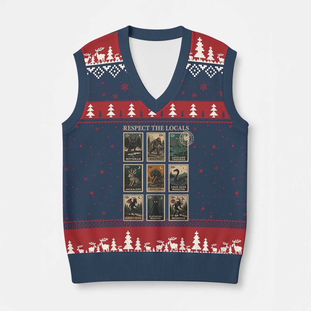 Respect The Locals Cryptids Monster Stamps V-Neck Knit Sweater Vest Cryptozoology Paranormal Bigfoot Mothman TS11 Navy Red Print Your Wear