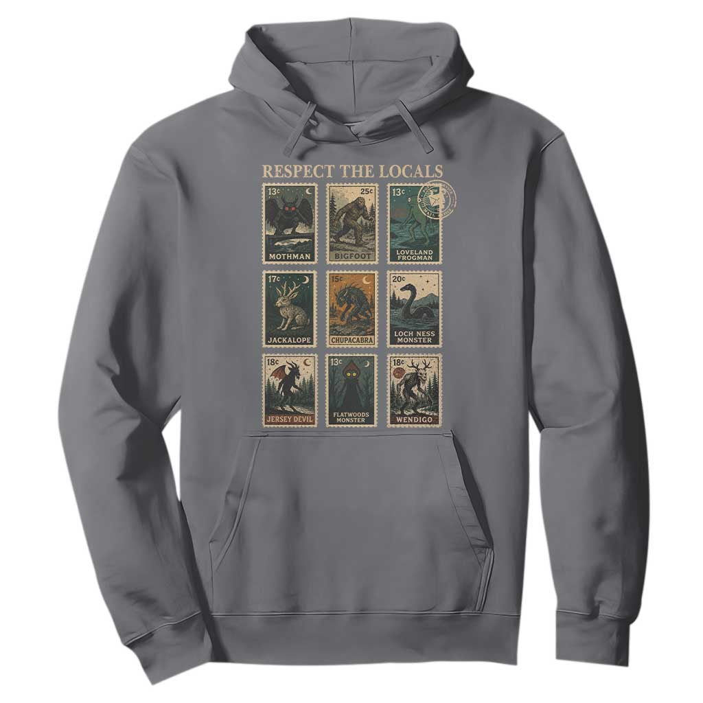 Respect The Locals Cryptids Monster Stamps Hoodie Cryptozoology Paranormal Bigfoot Mothman TS11 Charcoal Print Your Wear