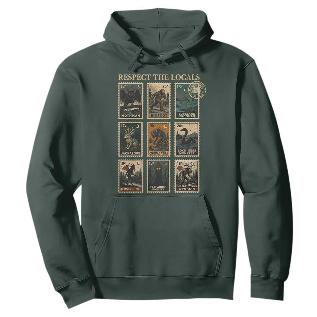 Respect The Locals Cryptids Monster Stamps Hoodie Cryptozoology Paranormal Bigfoot Mothman TS11 Dark Forest Green Print Your Wear