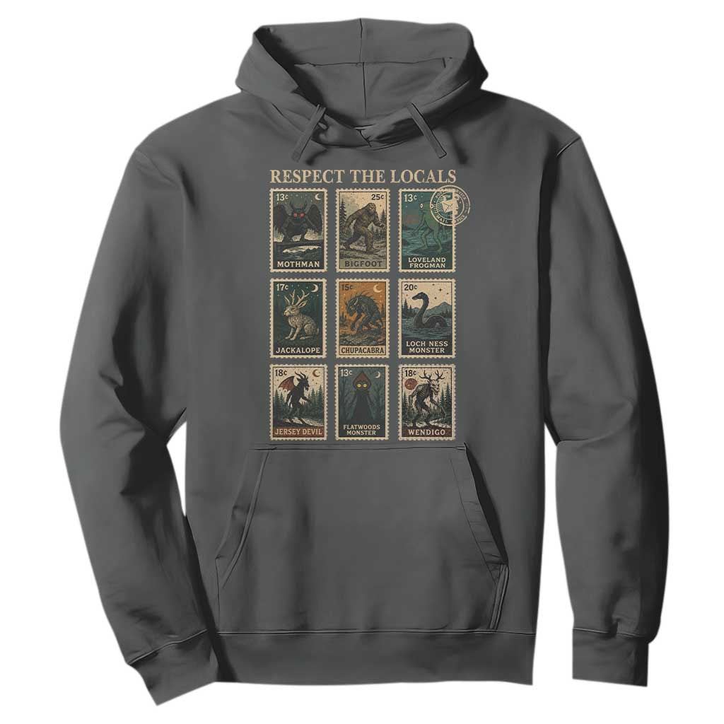 Respect The Locals Cryptids Monster Stamps Hoodie Cryptozoology Paranormal Bigfoot Mothman TS11 Dark Heather Print Your Wear