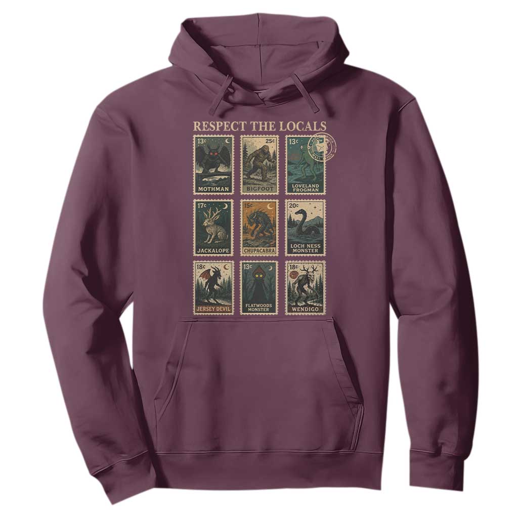 Respect The Locals Cryptids Monster Stamps Hoodie Cryptozoology Paranormal Bigfoot Mothman TS11 Maroon Print Your Wear