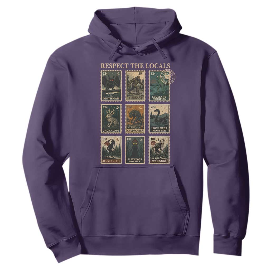 Respect The Locals Cryptids Monster Stamps Hoodie Cryptozoology Paranormal Bigfoot Mothman TS11 Purple Print Your Wear