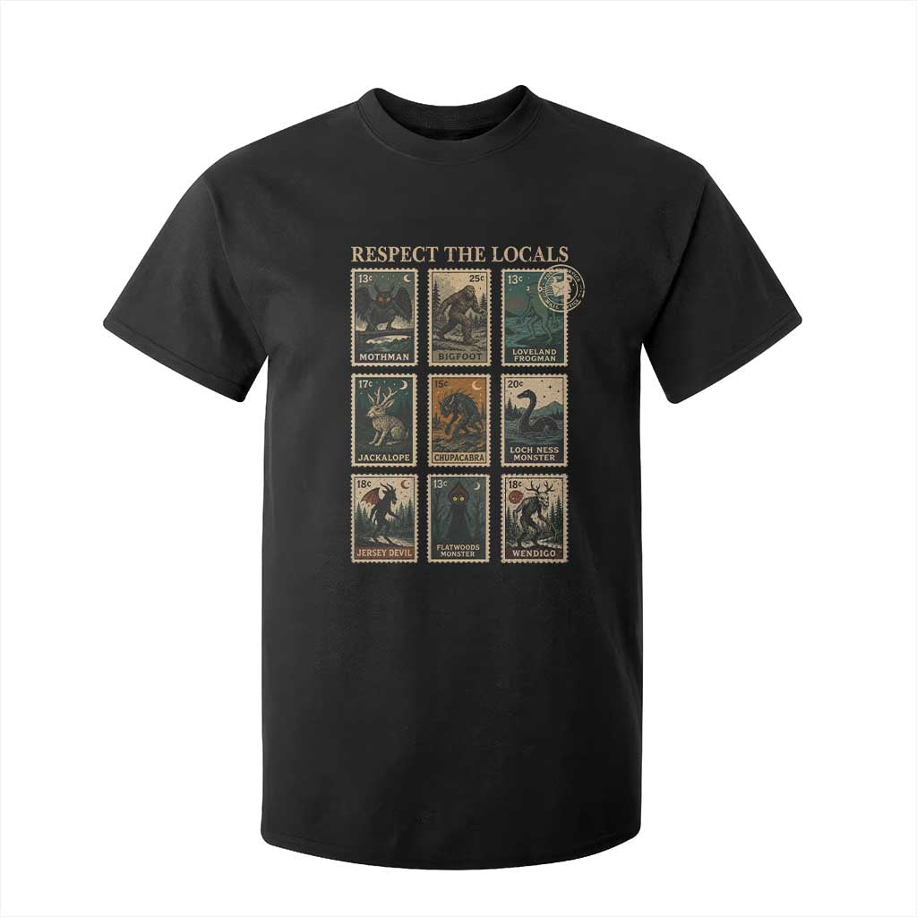 Respect The Locals Cryptids Monster Stamps T Shirt For Kid Cryptozoology Paranormal Bigfoot Mothman TS11 Black Print Your Wear