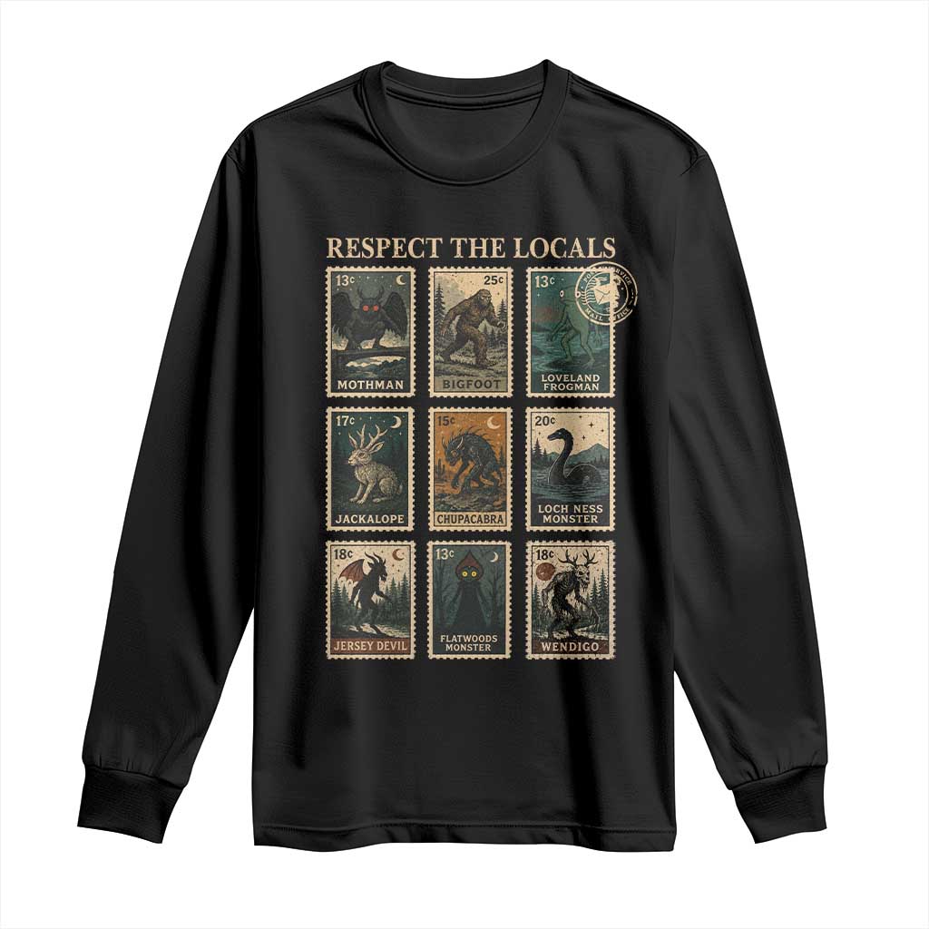 Respect The Locals Cryptids Monster Stamps Long Sleeve Shirt Cryptozoology Paranormal Bigfoot Mothman TS11 Black Print Your Wear