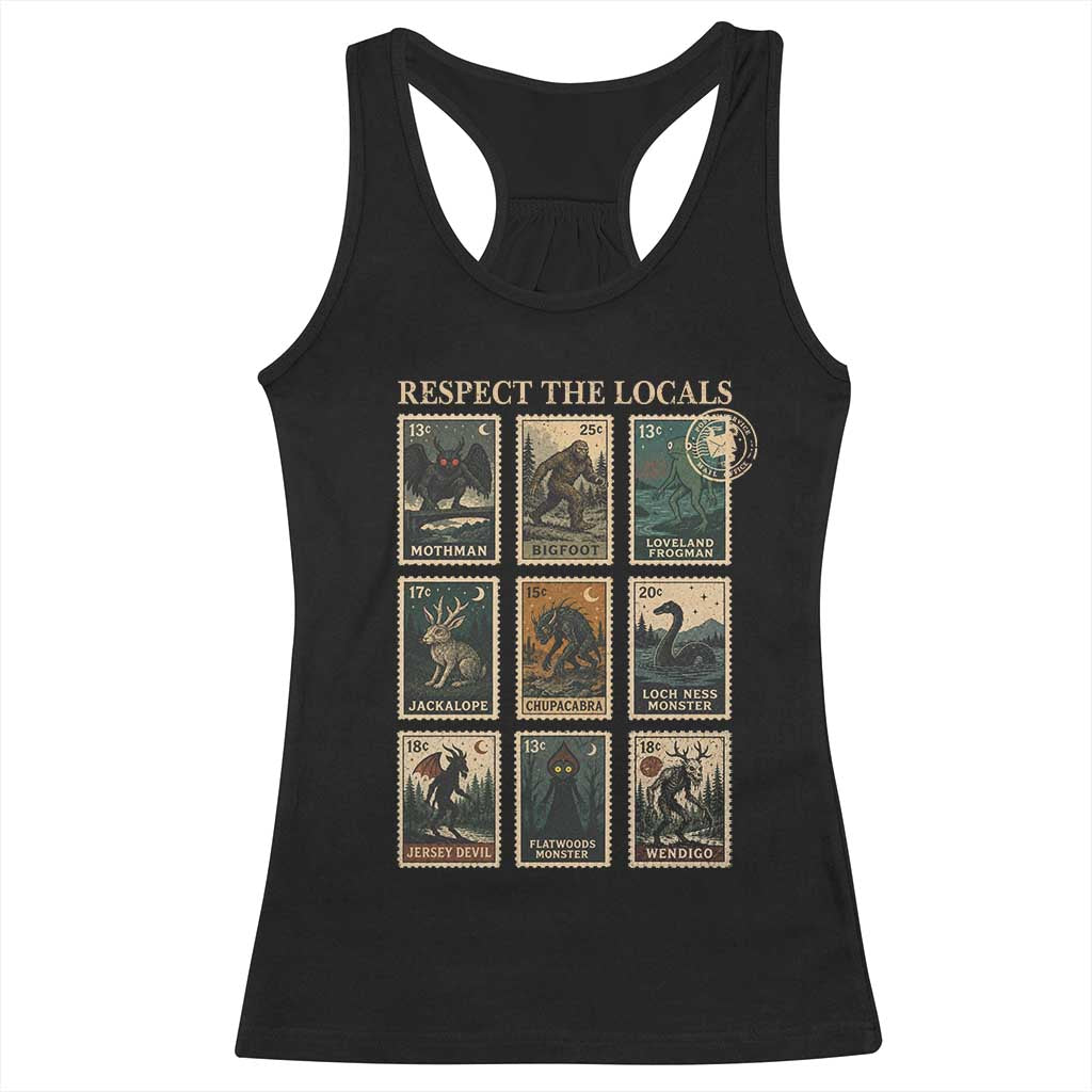 Respect The Locals Cryptids Monster Stamps Racerback Tank Top Cryptozoology Paranormal Bigfoot Mothman TS11 Black Print Your Wear