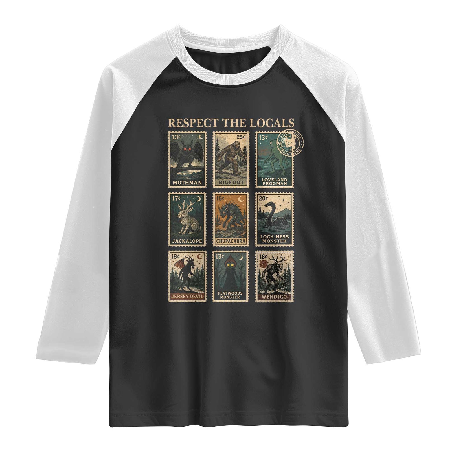 Respect The Locals Cryptids Monster Stamps Raglan Shirt Cryptozoology Paranormal Bigfoot Mothman TS11 Black White Print Your Wear