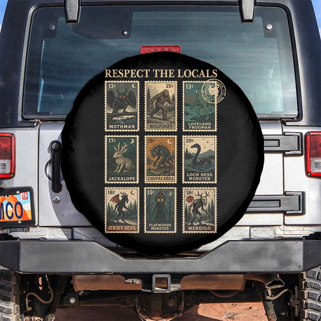 Respect The Locals Cryptids Monster Stamps Spare Tire Cover Cryptozoology Paranormal Bigfoot Mothman TS11 No hole Black Print Your Wear