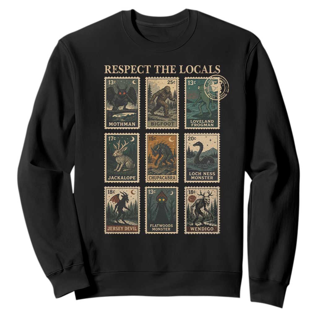 Respect The Locals Cryptids Monster Stamps Sweatshirt Cryptozoology Paranormal Bigfoot Mothman TS11 Black Print Your Wear