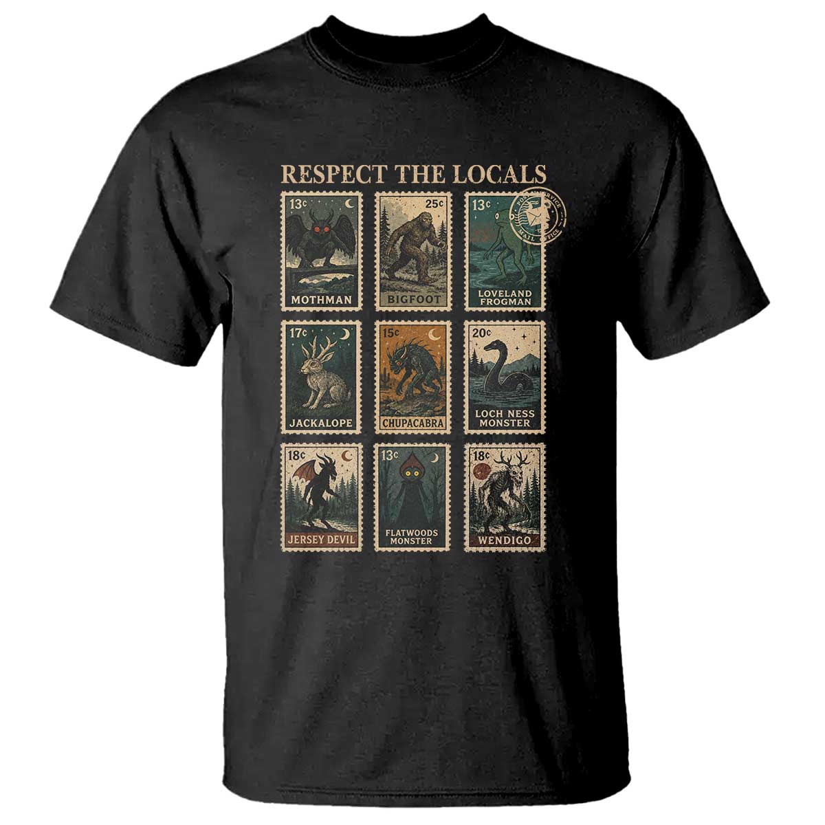 Respect The Locals Cryptids Monster Stamps T Shirt Cryptozoology Paranormal Bigfoot Mothman TS11 Black Print Your Wear