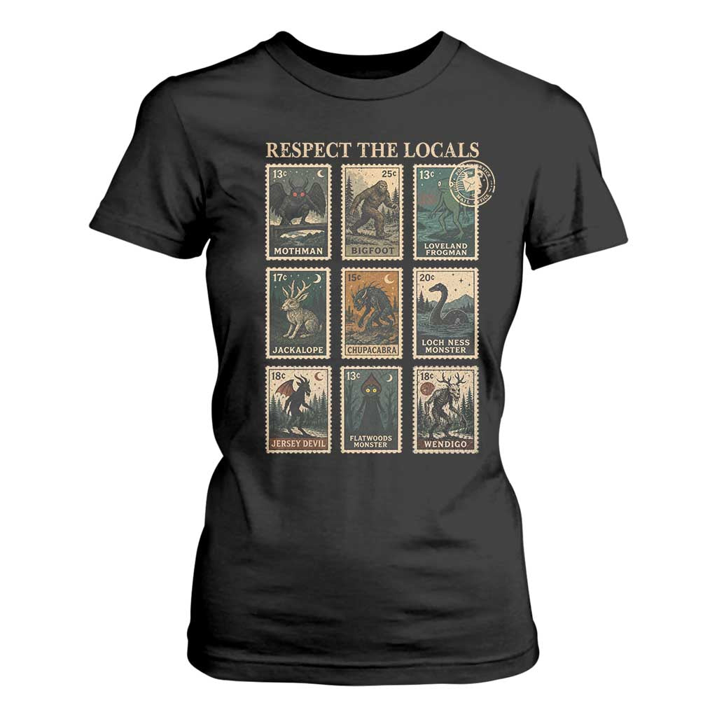 Respect The Locals Cryptids Monster Stamps T Shirt For Women Cryptozoology Paranormal Bigfoot Mothman TS11 Black Print Your Wear